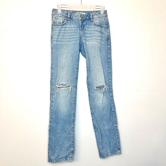 Garage Denim Low Rise Whisker Faded Distressed Light Blue Straight Jeans Size 0 - Picture 1 of 5